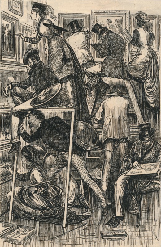 Varnishing Day at the Royal Academy, 1877. Creator: George du Maurier.