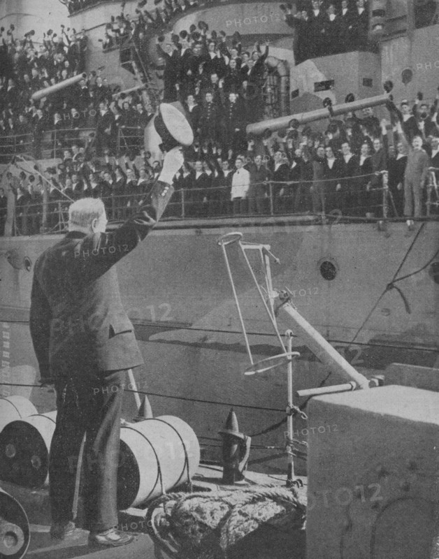 Churchill responds to the cheers from the crew of HMS Prince of Wales', 1941. Artist: Unknown.