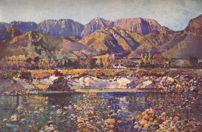 'Wemmers Hoek Mountains (Wemmershoek) from the Berg River, Cape Western Province', c20th century. Artist: Robert Gwelo Goodman.