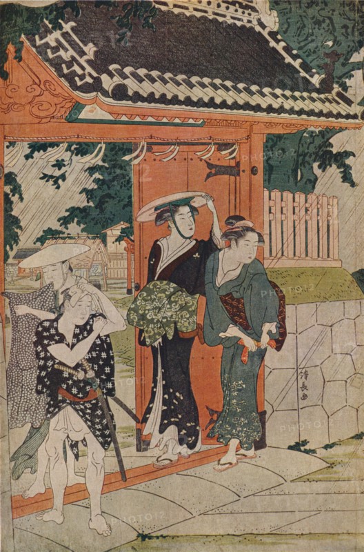 'A Sudden Shower at the Mimeguri Inari Shrine', 1787. Artist: Torii Kiyonaga.