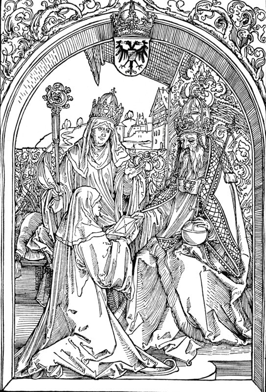 'Hrotsvitha Presenting Her Book to the Emperor Otto I', 1501 (1906). Artist: Albrecht Durer.