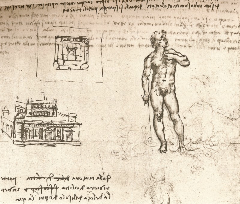 Drawing of plans for a castle, and of a nude figure, washed with Indian ink, c1472-c1519 (1883). Artist: Leonardo da Vinci.