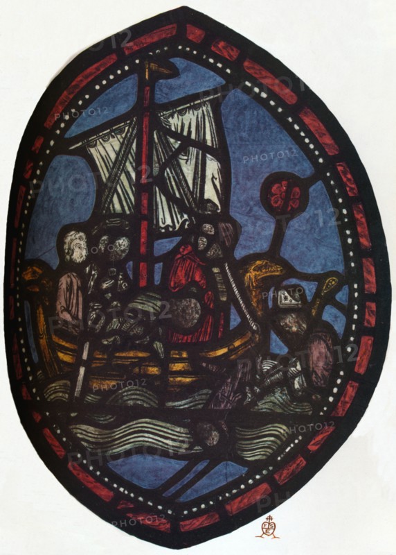 'St Nicholas window in the Jerusalem Chamber of Westminster Abbey: Nicholas and the false pilgrim',  Artist: Unknown.