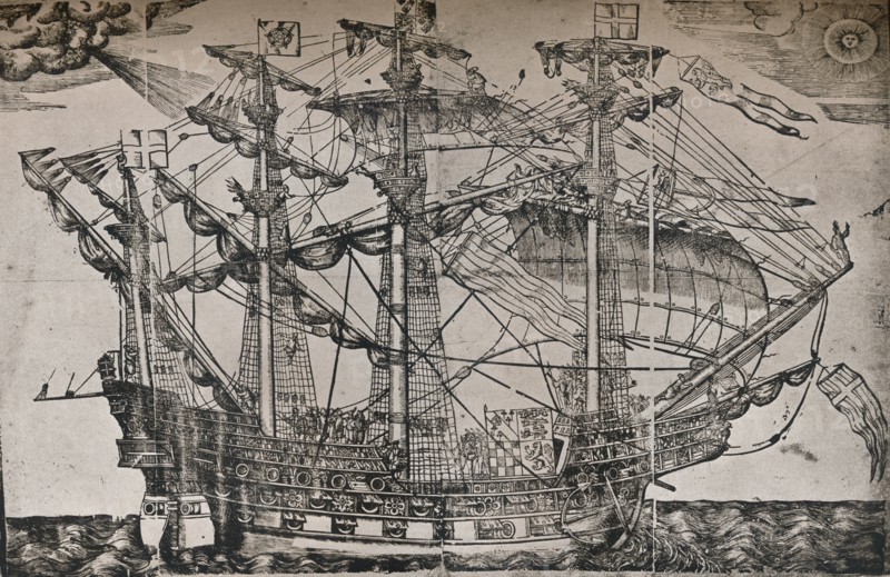 A woodcut of a ship which is believed to be The Ark Royal, c1587. Artist: Unknown.