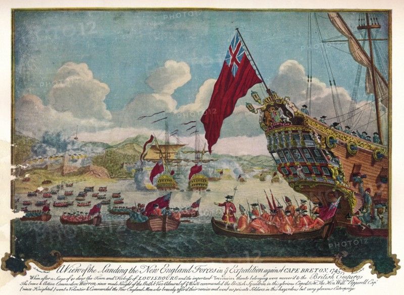 The landing of troops from New England on the island of Cape Breton to attack Louisbourg, 1747. Artist: James L. Brooks.