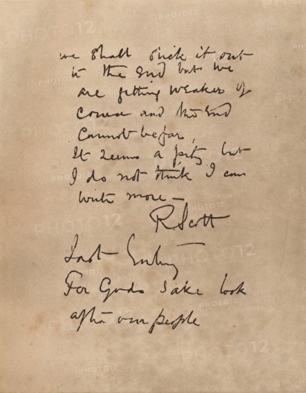 The final page of Captain Scott`s diary, 1912 (1935). Artist: Robert Falcon Scott.
