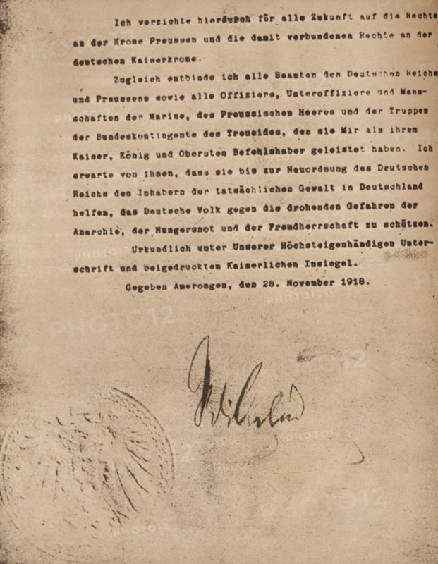 Document confirming the abdication of Kaiser Wilhel II of Germany, 9 November 1918 (1935).  Artist: Unknown.