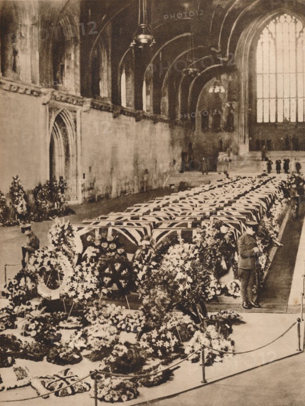 The victims of the R101 airship disaster lying in state in Westminster Hall, London, 1930 (1935). Artist: Unknown.