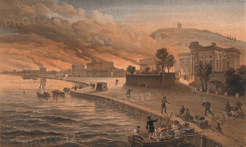 'Burning of the Government Buildings at Kertch, 9th June 1855', 1856. Artist: Thomas Picken.