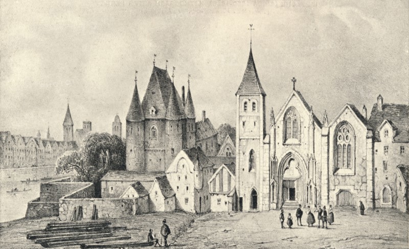 'The Maison du Lieutenant and the Church of St Landry in 1540', 1915. Artist: Unknown.