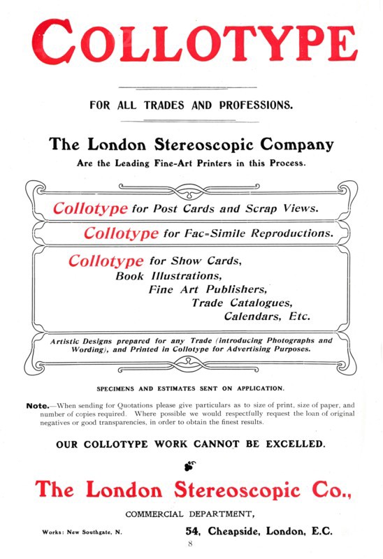 An advert for the Collotype process offered by The  London Stereoscopic Company, 1903. Artist: Unknown.