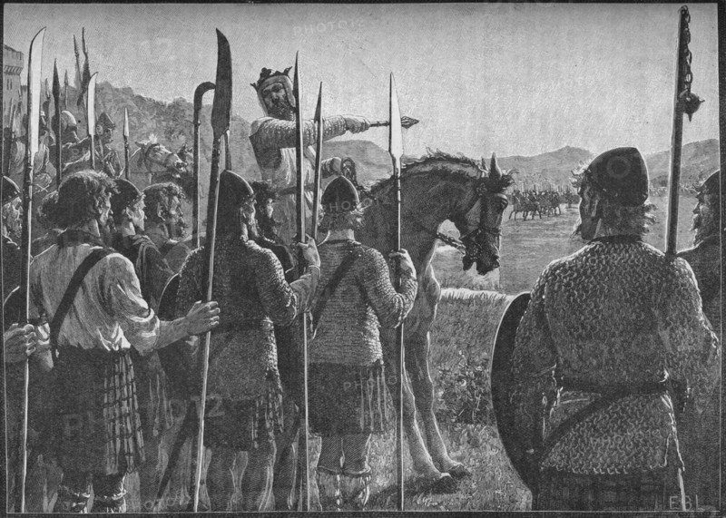 Robert the Bruce reviewing his troops before the Battle of Bannockburn, 1314 (1905).  Artist: EBL.