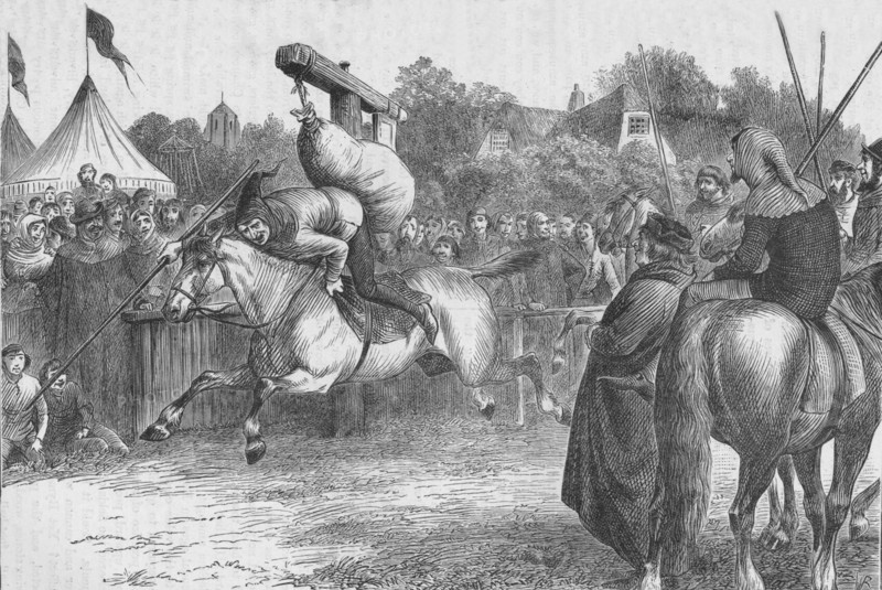 English merry-making in the 14th century: tilting at the quintain, 1905.  Artist: Unknown.