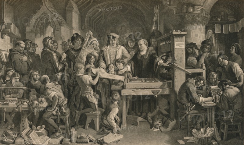 Caxton showing the first specimen of his printing to King Edward IV at Westminster, c1477 (1905). Artist: Unknown.