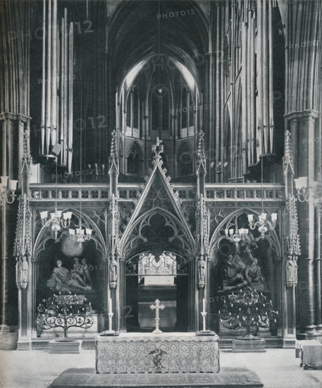 'Westminster Abbey, London, showing Benno Elkan's Old Testament and New Testament Candelabra', c1942 Artist: Unknown.