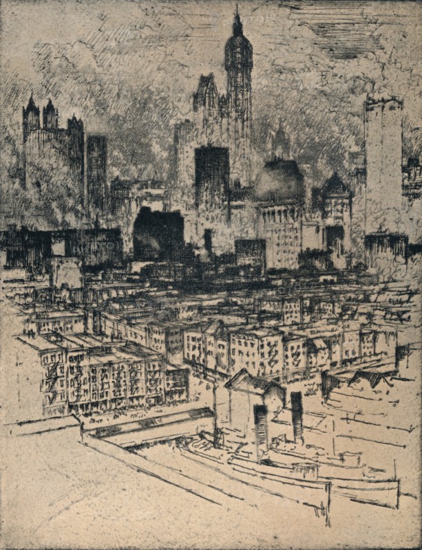 'New York From Brooklyn Bridge', c1908. Artist: Joseph Pennell.