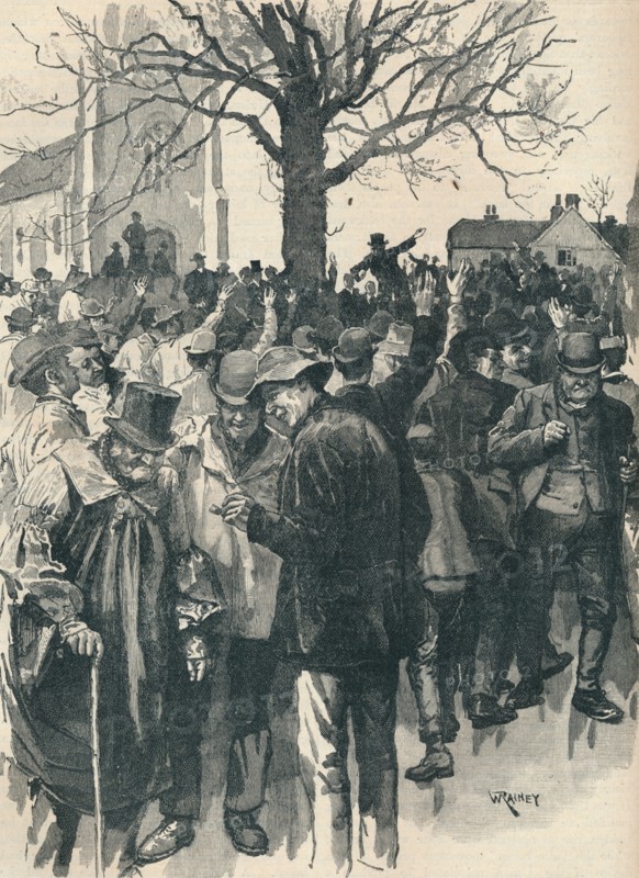 Warwickshire farm labourers' strike: meeting at Whitnash, 1872 (1906). Artist: William Rainey.
