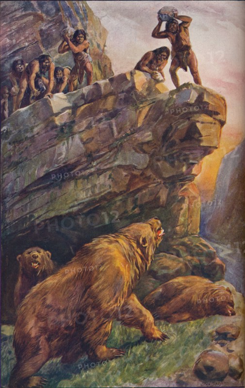 Prehistoric men attacking great cave bears, 1907. Artist: Unknown.