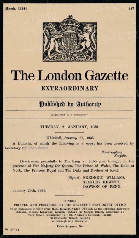 An extraordinary bulletin by The London Gazette anouncing the death of King George V (1865-1936). Artist: Unknown.