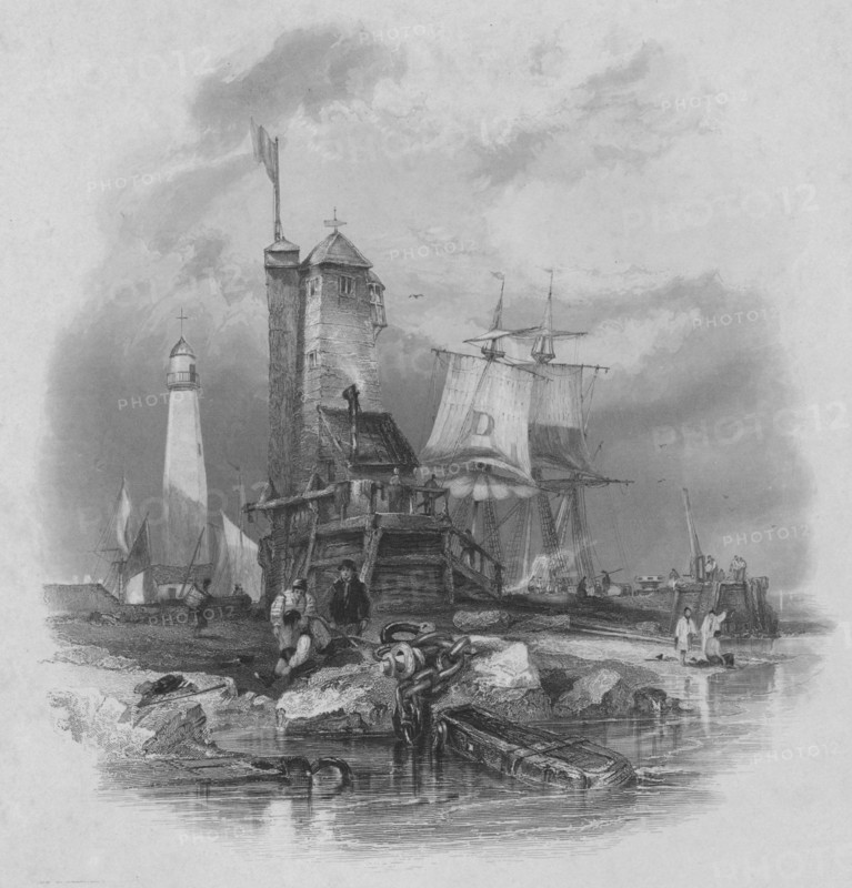 'Sunderland: the light house on the south pier', 1836. Artist: Edward Francis Finden.