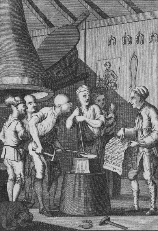 'The Blacksmith lets his Iron grow cold attending to the Taylor's News', 1772. Artist: Unknown.