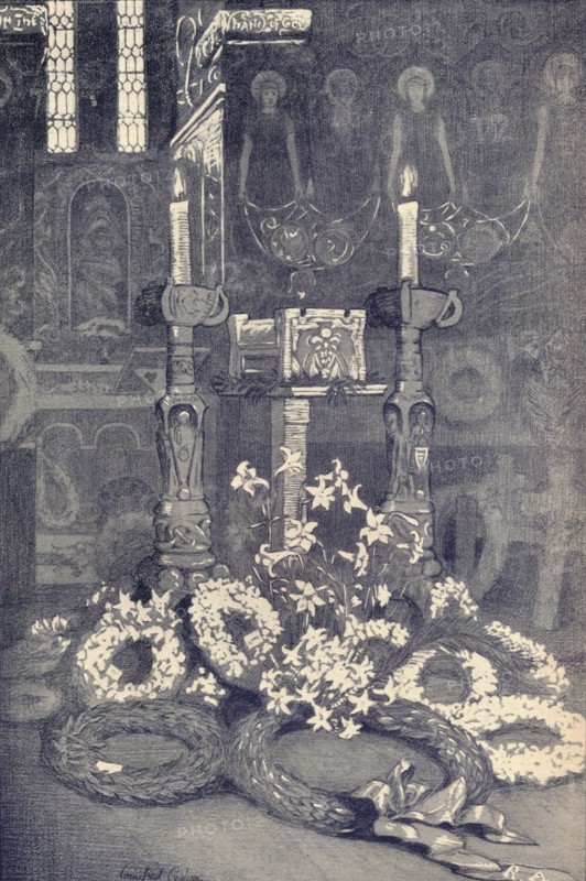 'The Cinerary Casket of G. F. Watts, R.A. Compton Mortuary Chapel, Thursday, 7 July, 1904', c1904. Artist: Winifred Cooper.