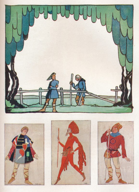 'Scenery for As You Like It (Act I, Scene I) and Costumes of Amiens and Lebeau', 1919. Artist: Claud Lovat Fraser.