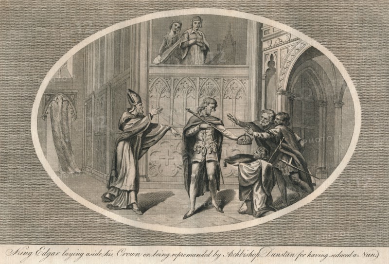 King Edgar laying aside his crown on being repremanded by Archbishop Dunstan, c960s (1793). Artist: Unknown.
