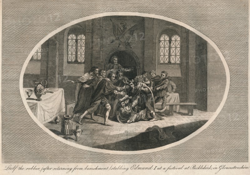 Leofa the robber stabbing Edmund I at a festival at Pucklekirk, Gloucestershire 946 (1793). Artist: Unknown.