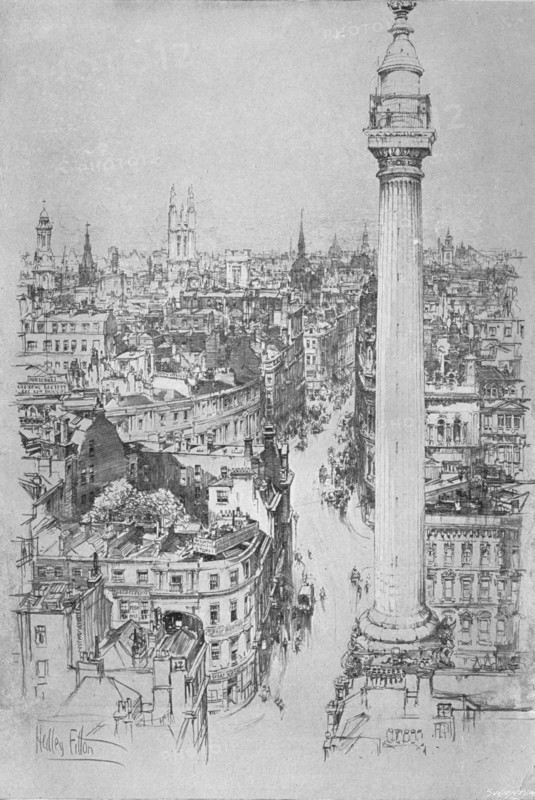 'The Monument, Fish Street Hill, from the steeple of St. Magnus', c1903, (1903). Artist: Hedley Fitton.