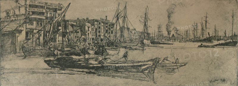 'Thames Warehouses', 1859, (1904). Artist: James Abbott McNeill Whistler.