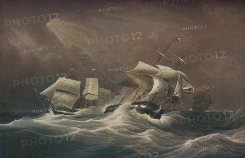 'H.M.S. Indefatigable Engaging The French Droits-De-L'Homme,1797', 1829. Artist: Edward Duncan.