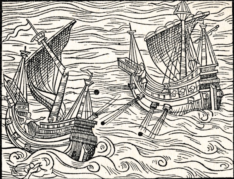 'Engagement Between Two Merchant Ships Off The Coast of Iceland', 1555. Artist: Unknown.