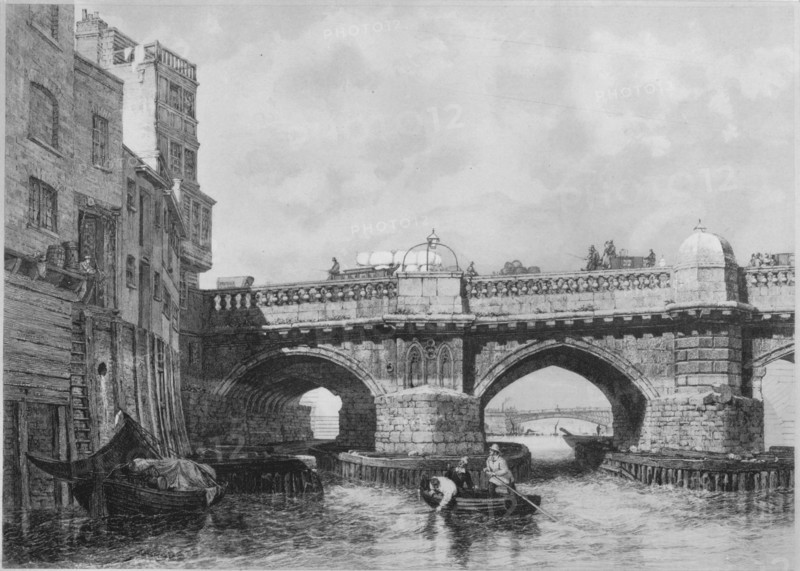 'The Southwark End of Old London Bridge', 1831, (1912). Artists: Unknown, Edward William Cooke.