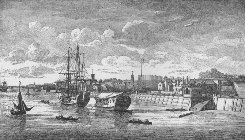 'Woolwich Dockyard from the Thames', c1750, (1912). Artists: Unknown, John Boydell.
