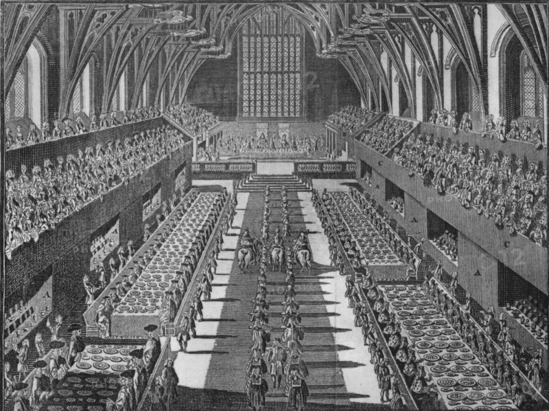 The interior of Westminster Hall at the coronation banquet of King George II, 1727 (1911). Artist: S Moore.