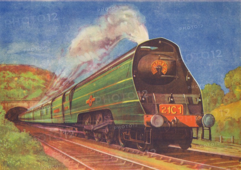 'New Streamlined Express, Merchant Navy, S.R., leaving Honiton Tunnel', 1940. Artist: Unknown.