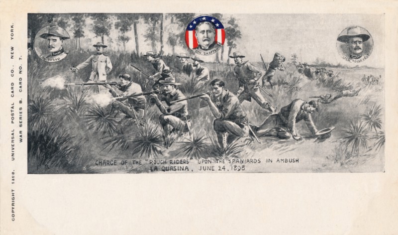 'Charge of the Rough Riders upon the Spaniards in Ambush, La Quasina, June 24, 1898', c1900. Artist: Unknown.