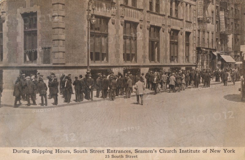 'During Shipping Hours, South Street Entrances, Seamen's Church Institute of New York', c1888.  Artist: Unknown.