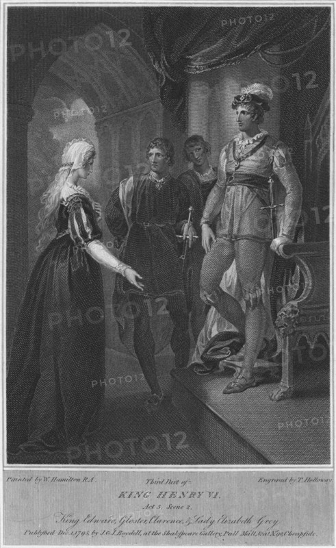 'Third Part of King Henry VI. Act 3. Scene 2. King Edward, Gloucester, Clarence & Lady Elizabeth Gre Artist: Thomas Holloway.