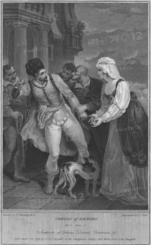 'Comedy of Errors Act 4 Scene 4. Antipholis of Ephesus, Dromio, Courtezan & c', 1798. Artist: James Stow.