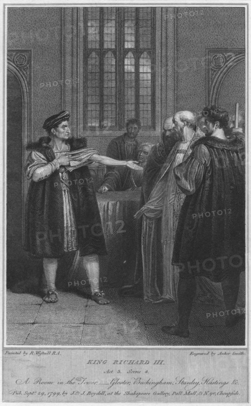 'King Richard III. Act 3. Scene 4. A Room in the Tower - Gloucester, Buckingham, Stanley, Hastings & Artist: Anker Smith.