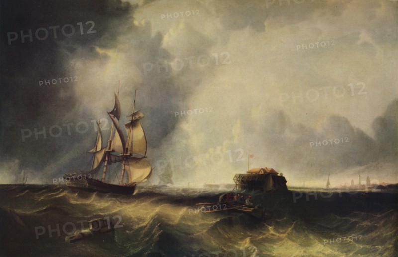 'A ship, and men in a rowing boat off Calais', c1830, (1938). Artist: Unknown.