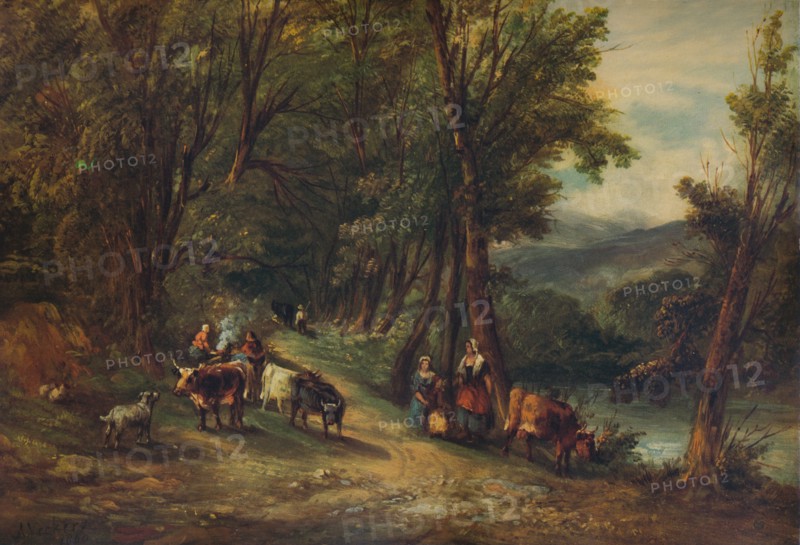 'Cattle and Figures in Wooded Valley with Stream', 1860, (1938). Artist: Alfred Vickers.