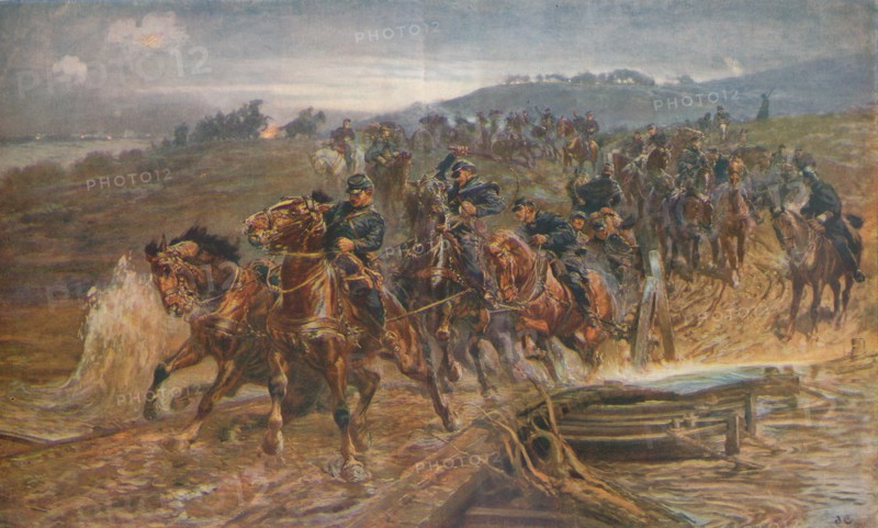 'French Artillery Crossing the River Aisne, September, 1914', 1915 (1928). Artist: John Charlton.