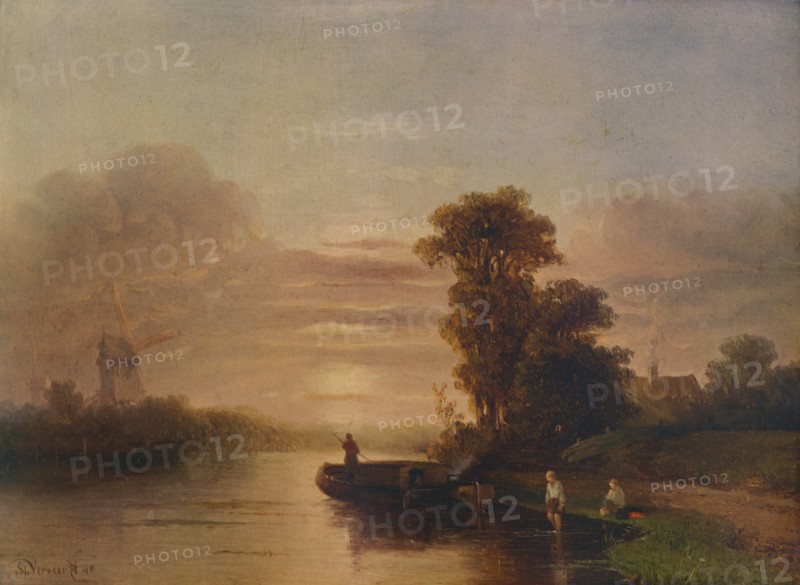 'Sunset on a River, with Windmill and Cottage', 1848, (1938). Artist: Salomon Leonardus Verveer.