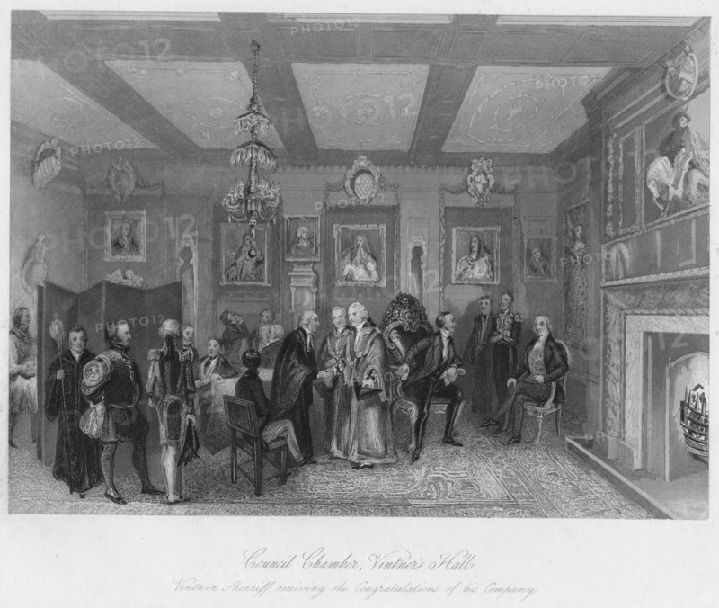 'Council Chamber, Vintner's Hall. Vintner Sherriff receiving the Congratulations of his Company', c1 Artist: Edward Radclyffe.