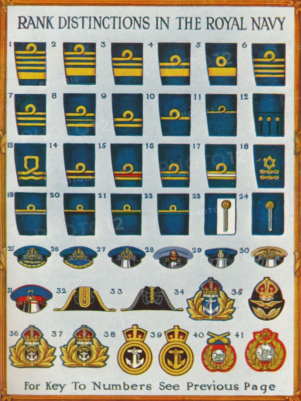 Rank distinctions in the Royal Navy, c1919 (1919). Artist: Unknown.