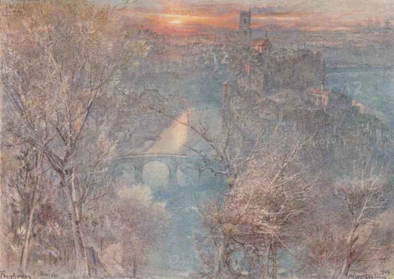 'Fribourg, Switzerland: Sunrise', 1900, (1923). Artist: Albert Goodwin.