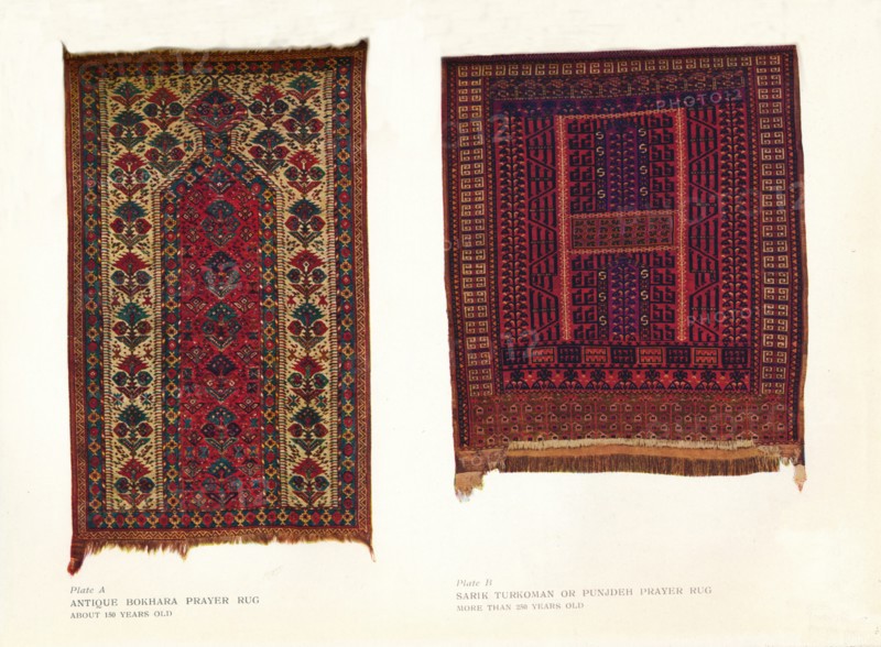 Antique Bokhara prayer rug and Sarik Turkoman or Punjdeh prayer rug, c1920. Artist: Unknown.